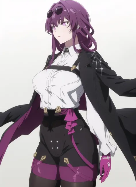 8k, best quality, masterpiece, (ultra-detailed), (high detailed skin), light,anime,anime screencap,((shiny skin)),dynamic pose,<lora:anistyle-anime:0.35>,kafka, bangs, eyewear on head, purple hair, long hair, sunglasses, purple eyes, shirt, gloves, white shirt, long sleeves,black jacket, pantyhose, pink eyes,large breasts, <lora:å¡èå¡:0.85>,white background, gradient background, cowboy shot,, masterpiece, best quality,