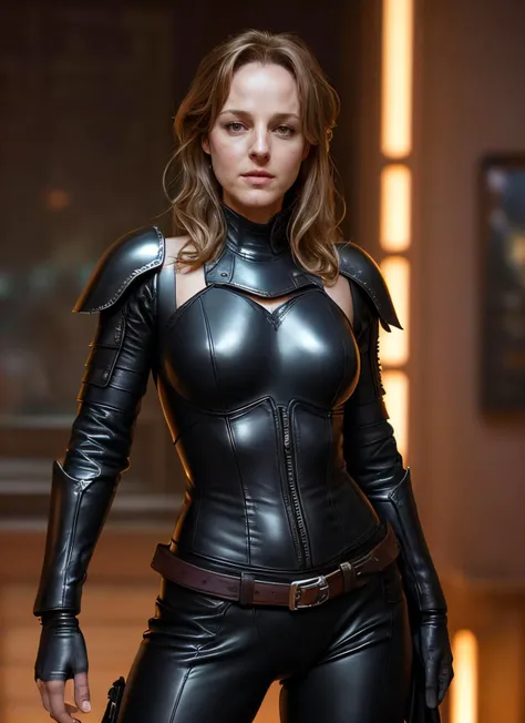 (((sfw))) photo of extremely sexy (hhunt:1.1) woman as a sexy warrior wearing medieval armor, (closeup portrait:1.2), modelshoot style, (extremely detailed CG unity 8k wallpaper), photo of the most beautiful artwork in the world, professional majestic oil painting by Ed Blinkey, Atey Ghailan, Studio Ghibli, by Jeremy Mann, Greg Manchess, Antonio Moro, trending on ArtStation, trending on CGSociety, Intricate, High Detail, Sharp focus, dramatic, photorealistic painting art by midjourney and greg rutkowski, (tight full leather armor:1.2), (long trousers:1.1), (turtleneck jerkin), ((dark castle in background)), (looking at viewer:1.2), (detailed pupils:1.3), (daggers)