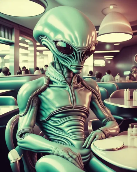 a man in a green alien suit sitting at a table