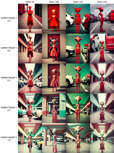 an alien in a red dress standing in a parking area,