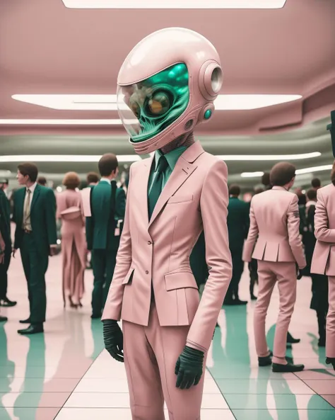 a person wearing a pink suit and a helmet
