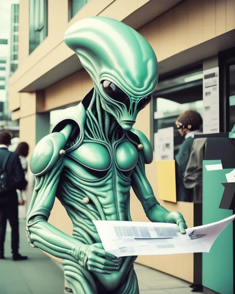 a person in a green alien suit reading a paper