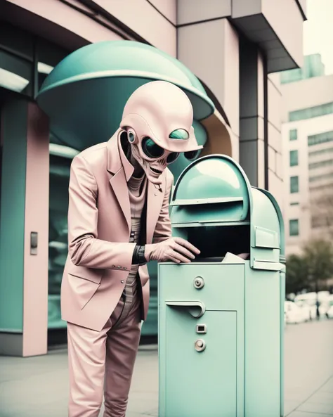 a man in a pink suit is putting a box into a mailbox