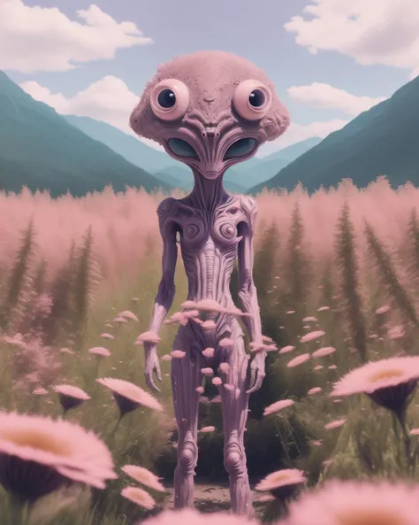 a pink alien standing in a field of flowers