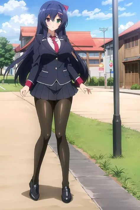 ((masterpiece)),((best quality)),ultra-detailed,illustratio,Explicit,Beautiful body,Beautiful Nose,Beautiful character design,perfect eyes,perfect face,wallpaper,ultra highres,4K,photography,(Beautiful,large breasts:1.2),(beautiful face:1.2),beautiful legs,perfect legs,shiny skin,official style,nsfw,official art,sanime screencap,anime coloring,
Asama Tomo,1girl,solo,purple eyes,heterochromia,long hair,green eyes,red eyes,black hair,breasts, pantyhose, ,necktie,skirt,jacket,looking at viewer,school uniform,green necktie,pleated skirt,white shirt,blush,street,black jacket,collared shirt,shirt,blazer,road,long sleeves,black skirt,miniskirt,bangs,lamppost,standing,wing collar,closed mouth,building,(teitan high school uniform:1.5),(Black jacket, black school uniform, black skirt:1.2),,(full body:1.5),<lora:Asama Tomo:0.7>,outdoor,blue sky,white cloud,geyser,flowers and plants,forest