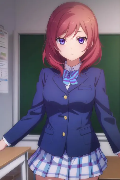 makinishikino, <lora:maki nishikino s1-lora-nochekaiser:1>,
maki nishikino, short hair, (purple eyes:1.1), red hair,
BREAK skirt, school uniform, jacket, blazer, winter uniform, otonokizaka school uniform,
BREAK indoors, classroom,
BREAK looking at viewer, (cowboy shot:1.5),
BREAK <lyco:GoodHands-beta2:1>, (masterpiece:1.2), best quality, high resolution, unity 8k wallpaper, (illustration:0.8), (beautiful detailed eyes:1.6), extremely detailed face, perfect lighting, extremely detailed CG, (perfect hands, perfect anatomy),