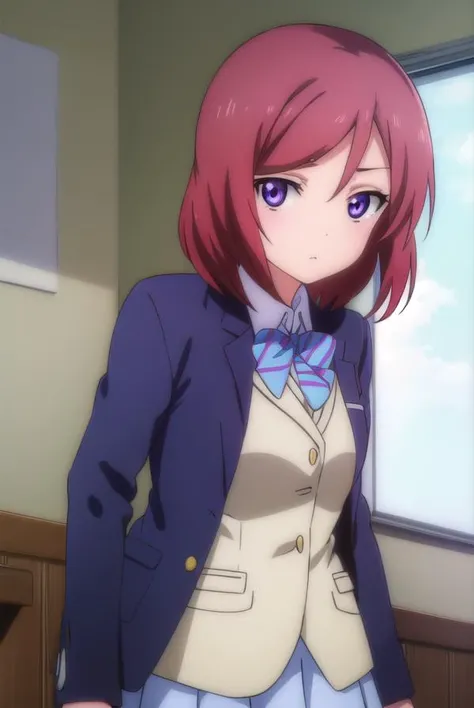 makinishikino, <lora:maki nishikino s1-lora-nochekaiser:1>,
maki nishikino, short hair, (purple eyes:1.1), red hair,
BREAK skirt, school uniform, jacket, blazer, winter uniform, otonokizaka school uniform,
BREAK indoors, classroom,
BREAK looking at viewer, (cowboy shot:1.5),
BREAK <lyco:GoodHands-beta2:1>, (masterpiece:1.2), best quality, high resolution, unity 8k wallpaper, (illustration:0.8), (beautiful detailed eyes:1.6), extremely detailed face, perfect lighting, extremely detailed CG, (perfect hands, perfect anatomy),