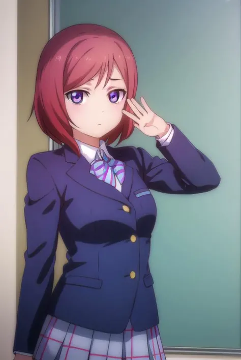 makinishikino, <lora:maki nishikino s1-lora-nochekaiser:1>,
maki nishikino, short hair, (purple eyes:1.1), red hair,
BREAK skirt, school uniform, jacket, blazer, winter uniform, otonokizaka school uniform,
BREAK indoors, classroom,
BREAK looking at viewer, (cowboy shot:1.5),
BREAK <lyco:GoodHands-beta2:1>, (masterpiece:1.2), best quality, high resolution, unity 8k wallpaper, (illustration:0.8), (beautiful detailed eyes:1.6), extremely detailed face, perfect lighting, extremely detailed CG, (perfect hands, perfect anatomy),