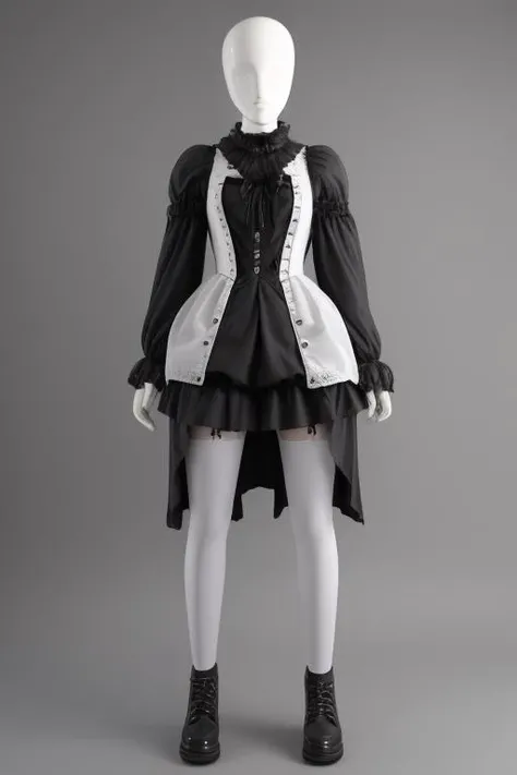 Photo of mannequin, white plastic, wearing gothgal outfit, gray background, full body <lora:PlasticPeople:1> <lora:edgGothGal_MINI:1>