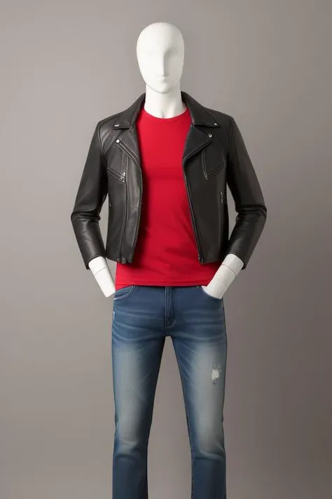 Photo of mannequin, white plastic, wearing (denim jeans, red tshirt, black leather jacket) , gray background, full body <lora:PlasticPeople:1>