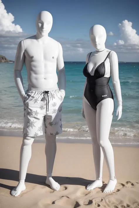 man and woman, standing side-by-side, on a beach, swimwear, full body, highly realistic, 8k, high quality <lora:PlasticPeople:1.1> <lora:GoodHands-vanilla:1>