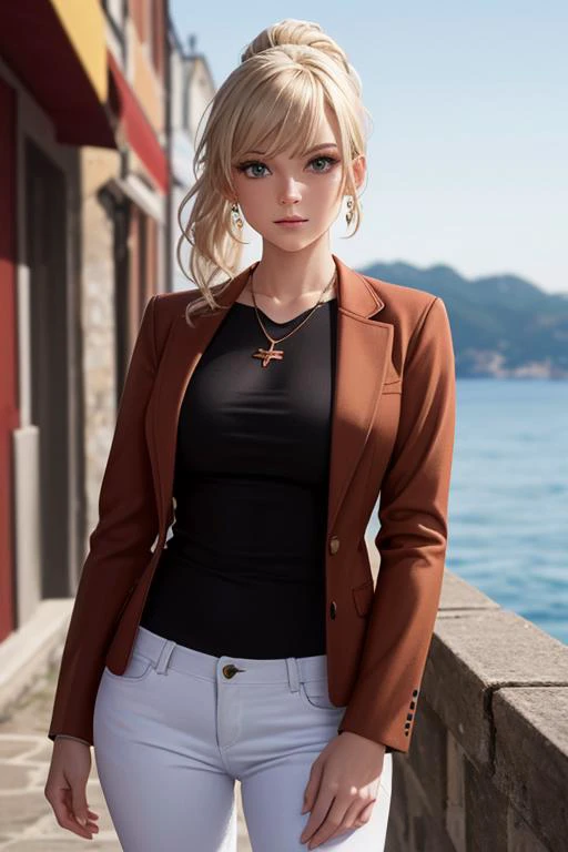 masterpiece,ultra realistic,32k,extremely detailed CG unity 8k wallpaper, best quality,(winter day ),lady ,necklace ,eardrop, Cinque Terre, Italy, ( copper Wear a tailored blazer with a graphic t-shirt and skinny jeans. ) , Platinum Blonde hair ponytail with bangs ,