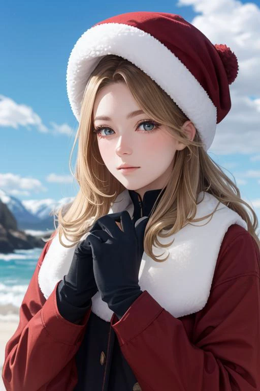 (masterpiece,best quality:1.5),ultra realistic,32k,RAW photo,(high detailed skin:1.2), 8k uhd, dslr, soft lighting, high quality, film grain,pixiv ,(ð,ð),ð±, lady,( Burgundy Mixing and matching different shades of the same color:1.1),long hair, (Sandy Blonde Long waves ,fur hat), in the Mountain,medium  breast,winter day,(âï¸),blue sky,(gloves),[ð¬ð§:ð°ð·:0.5],