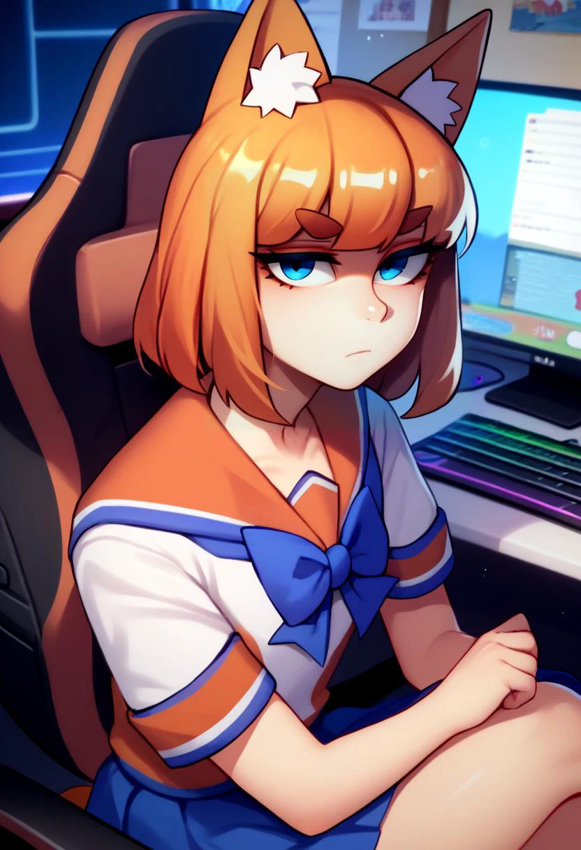 score_9, score_8_up, score_7_up, solo, 1girl, ffchan, expressionless, looking at viewer, sitting, gaming chair, fox ears, blue bowtie, white shirt, serafuku, short sleeves, blue skirt, fox tail, indoors, bedroom, computer, keyboard \(computer\) <lora:style_qt0ri_ponyXL-000011:1> <lora:ffchan-pdxl-nvwls-v1:1>