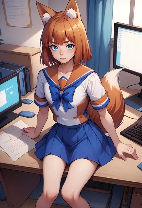 score_9, score_8_up, score_7_up, score_6_up, BREAK sitting at desk,computer,technology,keyboard,ffchan, fox ears,blue bowtie, white shirt, serafuku, short sleeves, blue skirt, fox tail <lora:ffchan-pdxl-nvwls-v1:1>