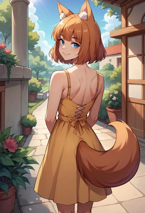 score_9, score_8_up, source_anime, 1girl, solo, ffchan, fox ears, from behind, yellow sundress, garden, day, sunshine, smile, looking back, <lora:ffchan-pdxl-nvwls-v1:1.0>