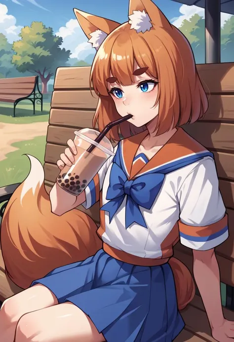 score_9, score_8_up, source_anime, 1girl, solo, ffchan, fox ears, blue bowtie, white shirt, serafuku, short sleeves, blue skirt, fox tail, outdoors, sitting on bench, drinking, sipping, straw, bubble tea, <lora:ffchan-pdxl-nvwls-v1:1.0>