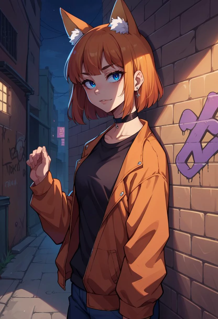 score_9, score_8_up, source_anime, 1girl, solo, ffchan, fox ears, earrings, sharp eyes, choker, neon shirt, open jacket, turtleneck sweater, night, against wall, brick wall, graffiti, dim lighting, alley, looking at viewer, <lora:ffchan-pdxl-nvwls-v1:1.0>