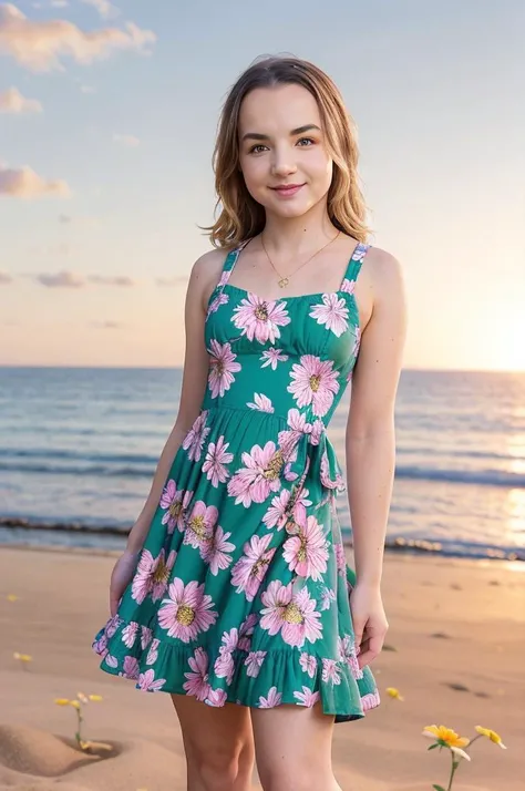 tvMona_Blue_v1, standing, on a beach, (((wearing a floral print sundress))), full body shot, holding a flower, flirting with the camera, ((Photo Focus, DOF, Aperture, insanely detailed character, hypermaximalist, hyper realistic, )), ((golden hour))