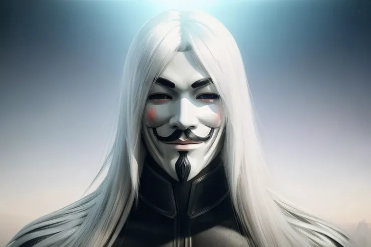 V, man with a guy mask, panoramic view, as seen from above, bright white hair, volumetric lights, epic composition, intricate, highly detailed, digital painting, artstation, concept art, smooth, sharp focus, illustration, art by artgerm and greg rutkowski and alphonse mucha, footage from space camera,  <lora:V:0.8>