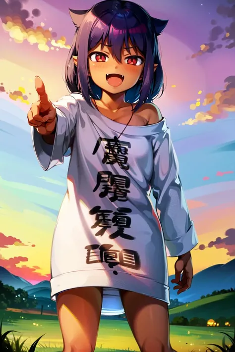 <lora:jahy:0.7>, (jahyYoung:1.5), masterpiece, best quality, absurdres, 1girl, looking at viewer, standing, upper body, pointing at viewer, open mouth, smile, fang, outdoors, grass, river, city, sunset
