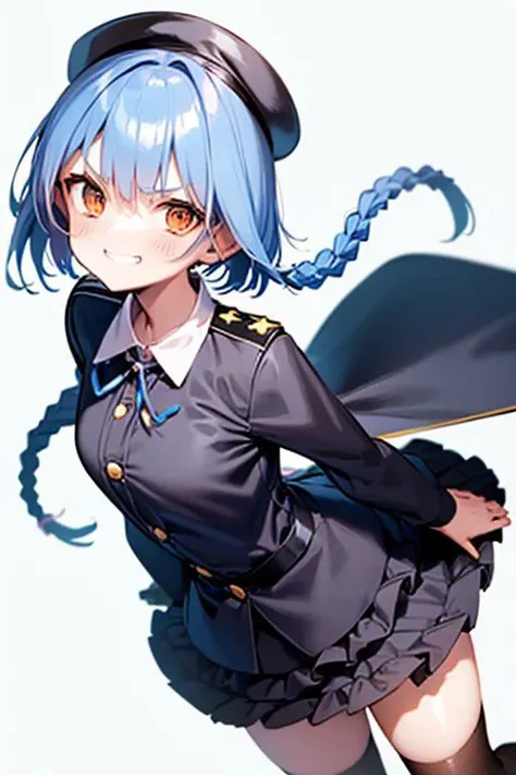 Anime style,best quality,ultra quality,ultra detailed,
full body,1girl,short stature,slender body,
shiny skin,
Striking an action pose,standing,
(blue hair:1.5),(inverted bob:1.2),(thin twin short braids:1.2),
hair between eyes,messy hair,
loraeyes,orange eyes,v-shaped eyebrows,evil grin,
(black military jacket:1.2),
frilled skirt,
Dress Shoes,Utility Belt,Pistol Holster,Military Cap,
white frilled thigh-high socks,blue large neck ribbon,
small breasts,
forced smile,embarrassed,all fours,
(plane background:1.5),(white background:1.5)