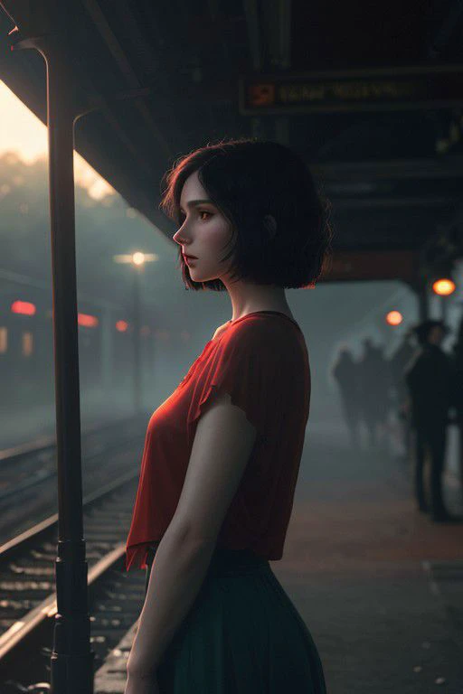 full body, dusk, soft breeze on hair, 1 woman, bob cut curly hair, woman waiting at old train station, head turn, waiting for the train to arrived act, cinematic, red ribbon, (pale skin: 1.7), cute, blush, beautiful, translucent, (extra high level subsurface scattering skin: 1.95), (extra level light bounce: 1.995), realistic, photo realistic, real, detailed skin,, red, teal, orange, film shot, side view, worried expression, moody, moody lighting, dark atmospheric lighting, (thick volumetric lighting: 1.87), fogy, sharp focus, f 0.5, longshot, (candid photography: 1.9),