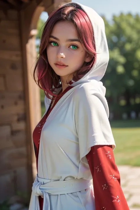 DSLR photo, upper body photo, a pretty lennacharlottetycoon, (whitemagelenna:1.5), (red prints:1.5), jewelry, hood, wide sleeves, necklace, robe, (white robe:1.5), white mage, 22 years old, (green eyes:1.5), pink hair, shiny oiled skin, top of a castle, bokeh, sharp focus on subject