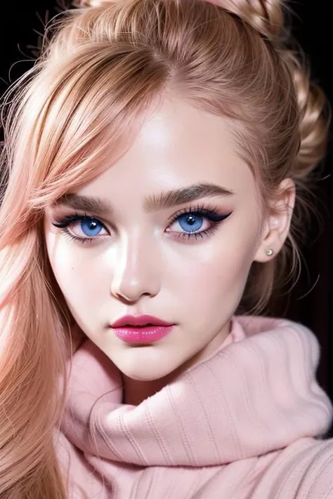 ((face focus)), ultra realistic face, photo of a girl, night, space, ocean, ((hair up, hair in bun, dark brown hair):1.2), ((turtleneck sweater):1.2),((closeup, portrait)), ((pink lipstick, eyeliner, eye shadow, blush):1.2), ((best quality, masterpiece, extreme details, high resolution):1.2),((detailed eyes, beautiful eyes, detailed face, beautiful face):1.2), photo of the most beautiful artwork in the world, professional majestic 8k uhd, dslr, soft lighting, high quality, film grain, sharp focus, f 5.6, High Detail, Sharp focus, dramatic, blonde hair, blue eyes,<lora:Tanlines05:0.8>, <lora:skin_tone_slider_v1:1.4>, <lora:GodPussy1 v4:0.15>, <lora:add_detail:0.6>, <lora:hourglassv01:0.7>