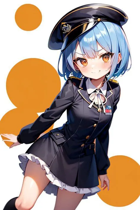 Anime style,best quality,ultra quality,ultra detailed,
full body,1girl,short stature,slender body,
shiny skin,
Striking an action pose,standing,
(blue hair:1.5),(inverted bob:1.2),(thin twin short braids:1.2),
hair between eyes,messy hair,
loraeyes,orange eyes,v-shaped eyebrows,evil grin,
(black military jacket:1.2),
frilled skirt,
Dress Shoes,Utility Belt,Pistol Holster,Military Cap,
white frilled thigh-high socks,blue large neck ribbon,
small breasts,
forced smile,embarrassed,all fours,
(plane background:1.5),(white background:1.5)
