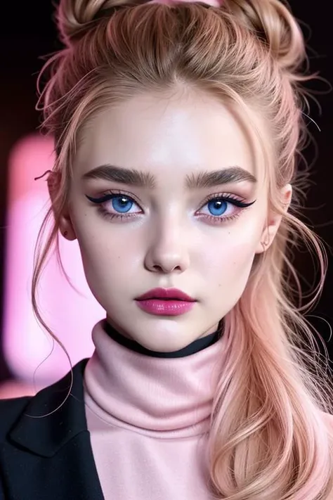 ((face focus)), ultra realistic face, photo of a girl, night, space, ocean, ((hair up, hair in bun, dark brown hair):1.2), ((turtleneck sweater):1.2),((closeup, portrait)), ((pink lipstick, eyeliner, eye shadow, blush):1.2), ((best quality, masterpiece, extreme details, high resolution):1.2),((detailed eyes, beautiful eyes, detailed face, beautiful face):1.2), photo of the most beautiful artwork in the world, professional majestic 8k uhd, dslr, soft lighting, high quality, film grain, sharp focus, f 5.6, High Detail, Sharp focus, dramatic, blonde hair, blue eyes,<lora:Tanlines05:0.8>, <lora:skin_tone_slider_v1:1.4>, <lora:GodPussy1 v4:0.15>, <lora:add_detail:0.6>, <lora:hourglassv01:0.7>