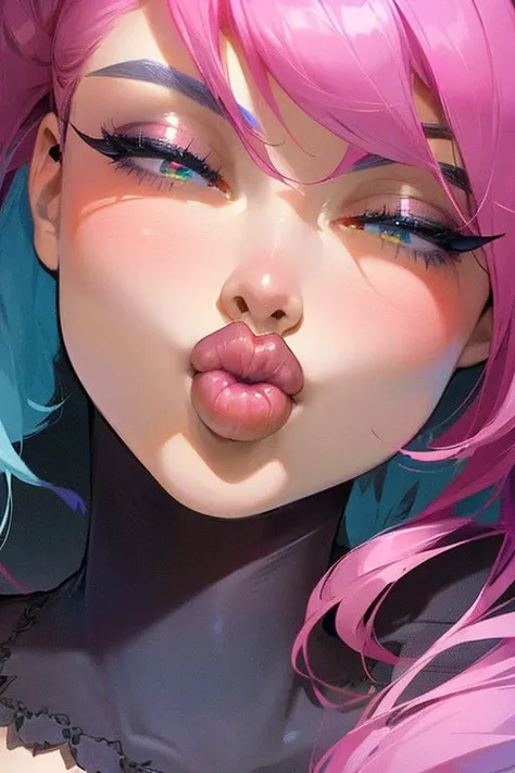 1girl,big lips, glossy lips, eyes closed, gothic makeup, pink hair, looking towards the viewer, pouting, best quality,masterpiece,illustration,an extremely delicate and beautiful,CG,unity,8k wallpaper,Amazing,finely detail,masterpiece,official art,extremely detailed CG unity 8k wallpaper,incredibly absurdres,huge filesize,ultra-detailed,highres,extremely detailed,beautiful detailed girl,realistic,<lora:Warm Snow:0.8>,
close-up shot, close up, fish eye lens, wide lens, macro lens,
pouting, shiny skin