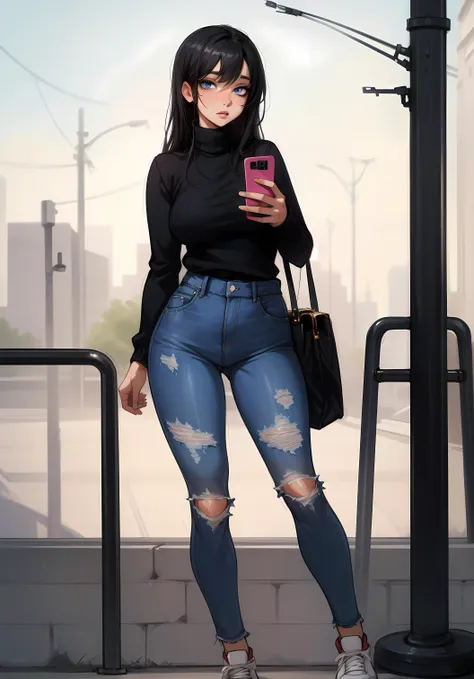 beautiful, (masterpiece), best quality, (extremely detailed face), extremely detailed eyes, perfect lighting, detailed, deep skin, textured skin, <lora:oil2.0_2-512-64:0.5> <lora:add_detail:0.4>, high-waist ripped jeans, purse, blue eyes, full body, turtleneck, black sweater, messy long black hair, sneakers, looking her phone, waiting at the bus stop,  <lora:GopherAlphaStyle:0.4>