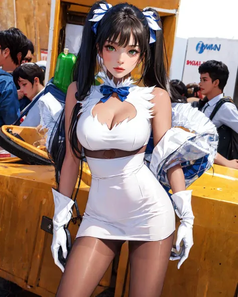full shot, photo of 22yo girl, hestia \(danmachi\), long hair, twintails,face, cleavage cutout, clothing cutout,pencil dress, intricate, pantyhose,leg wears, hair ribbon, blue ribbon, white gloves, in comic con,
standing seductively,look at viewer,Shiny Oiled Skin, <lora:blackpantyhose-000010:0.8>, (masterpiece,best quality:1.2), realistic detail,clear image