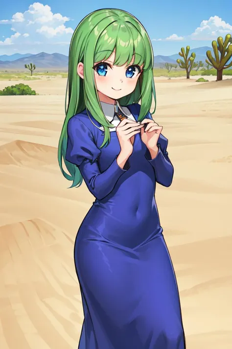 1 girl, outdoors, desert, standing, smile,
 <lora:Azure_Dreams_-_Mia:0.5> azuremia, green hair, long hair, sidelocks,
blue eyes, blue dress, collared dress, juliet sleeves, long sleeves, long dress,