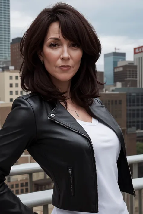 <lora:mondongo_LoRA_KateySagal_v2:1> mndngwmn, (ultra realistic, 8k,high quality),(medium shot), wearing a leather jacket, on a city downtown