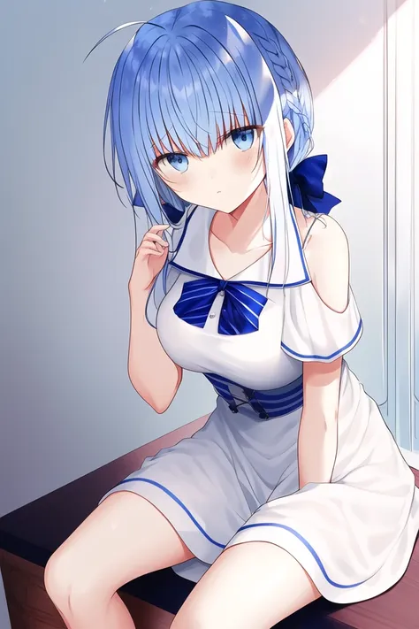 haiselita aldridge,1girl,ahoge,bangs,blue eyes,bow,braid,breasts,closed mouth,dress,french braid,hair between eyes,hair bow,hair ornament,hand up,knee up,looking at viewer,medium breasts,short sleeves,sidelocks,blue hair,sitting,solo,striped,white dress