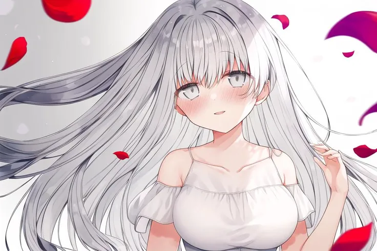 cecilia,1girl,bangs,bare arms,bare shoulders,blush,breasts,collarbone,dress,floating hair,hand up,long hair,medium breasts,parted lips,petals,short sleeves,simple background,smile,solo,upper body,white background,white dress,grey hair