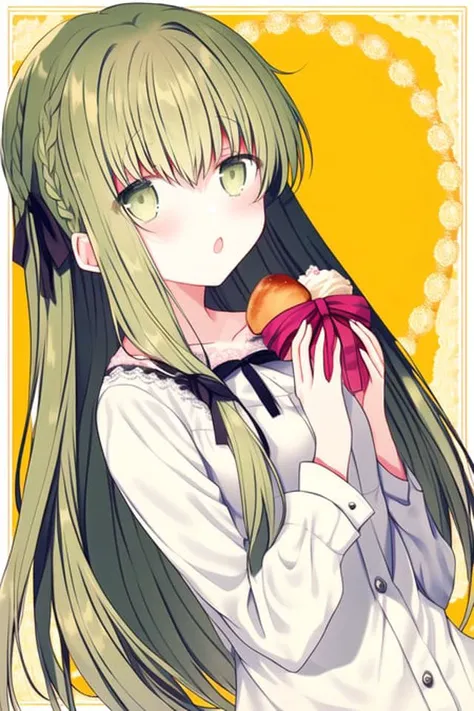 cecilia,1girl,alternate hairstyle,bangs,black ribbon,border,braid,collarbone,dutch angle,food,green eyes,green hair,hair ribbon,hands up,heart,holding,holding food,lace,lace-trimmed shirt,lace-trimmed sleeves,lace trim,long hair,looking at viewer,ribbon,shirt,solo,striped,tied hair,two-tone ribbon,white border,white ribbon,white shirt,yellow background