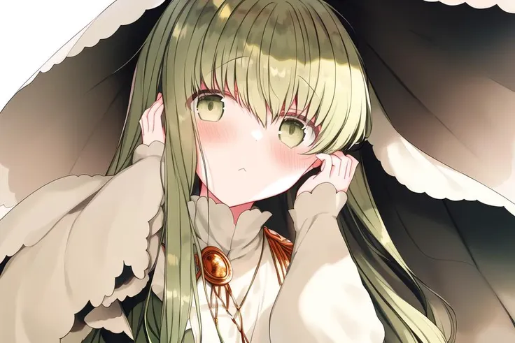 cecilia,1girl,bangs,blush,brown background,closed mouth,dress,fingernails,green eyes,green hair,hair between eyes,hand grab,long hair,long sleeves,looking at viewer,sleeves past wrists,solo focus,upper body,veil,white dress,wide sleeves