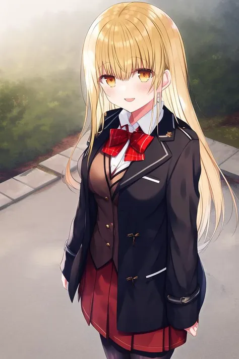 shiina mahiru,1girl,bangs,black jacket,black pantyhose,blonde hair,bow,bowtie,breasts,brown eyes,jacket,long hair,long sleeves,looking at viewer,medium breasts,outdoors,pantyhose,red bow,red bowtie,skirt,smile,solo,standing