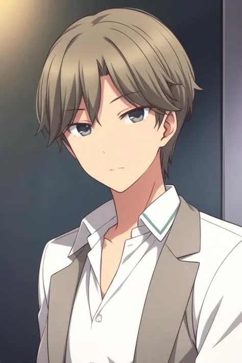 masterpiece, best quality, wallpaper, 1boy, solo, male focus, looking at viewer, upper body, , , realistic, <lora:rihito_sawaguchi:0.66>, rihito_sawaguchi, brown hair, grey eyes, , , science fiction detective,