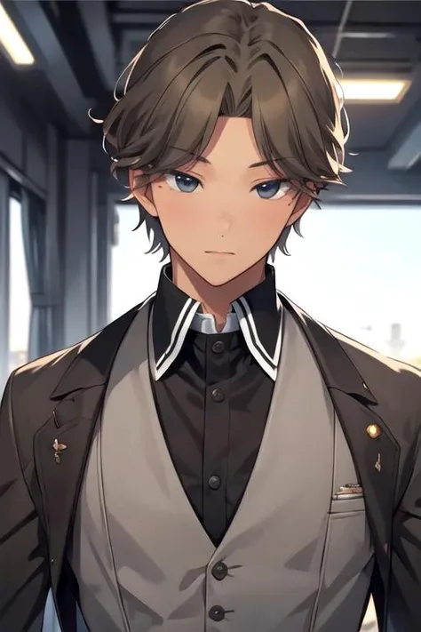 masterpiece, best quality, illustration, 1boy, solo, male focus, looking at viewer, , depth of field, , realistic, <lora:rihito_sawaguchi:0.72>, rihito_sawaguchi, brown hair, grey eyes, butler costume, sci-fi,