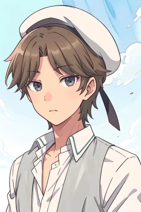 masterpiece, best quality, illustration, 1boy, solo, male focus, looking at viewer, upper body, depth of field, (watercolor illustration, soft pastel colors:1.1), realistic, <lora:rihito_sawaguchi:0.74>, rihito_sawaguchi, brown hair, grey eyes, , hat, The Isle of the Dragon, HDR
