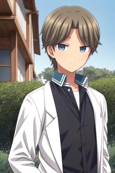 masterpiece, best quality, photorealistic, 1boy, solo, male focus, looking at viewer, upper body, , , realistic, <lora:rihito_sawaguchi:0.68>, rihito_sawaguchi, brown hair, grey eyes, , science fiction science fantasy, Blu-ray