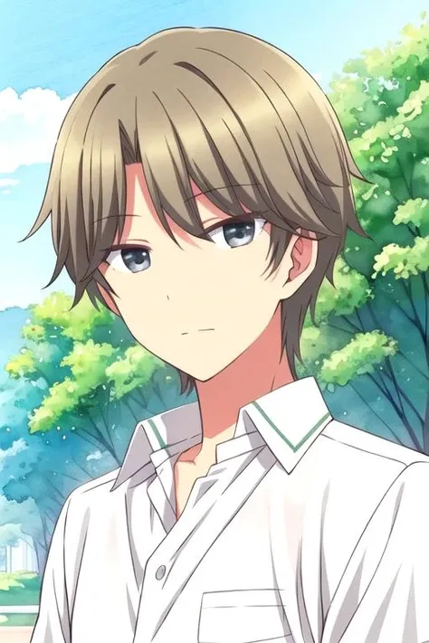 masterpiece, best quality, photorealistic, 1boy, solo, male focus, looking at viewer, upper body, , (watercolor illustration, soft pastel colors:1.1), , <lora:rihito_sawaguchi:0.74>, rihito_sawaguchi, brown hair, grey eyes, shirt, , The City of Glas, HD-DVD