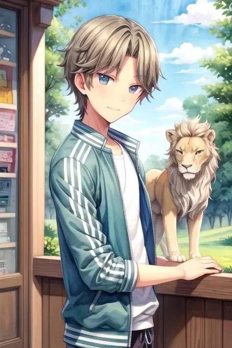 masterpiece, best quality, wallpaper, 1boy, solo, male focus, looking at viewer, , , (watercolor illustration, soft pastel colors:1.1), , <lora:rihito_sawaguchi:0.72>, rihito_sawaguchi, brown hair, grey eyes, track jacket, , Narnia: A land of talking animals and magical creatures, ruled by Aslan the lion, HDR