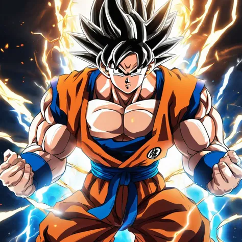 breathtaking Son Goku, Dragon Ball, Saiyan, Super Saiyan, spiked hair, male focus, muscular male, pectorals, abs, biceps, bodybuilder, aura, glowing, powering up, energy, glowing eyes, electricity . award-winning, professional, highly detailed