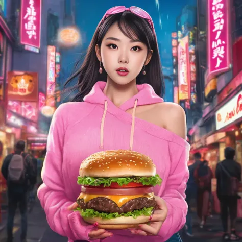 asian female, athletic build, gigantic breasts, from below, foreshortening, (seductive pose), looking at viewer, frown disgusted, screaming:1.3, wearing pink sweater with latex blue skirt, asian, eating Burger King Whopper, cheese dripping on chest:1.5, fried beef, smoke, neon lights tokyo street background,