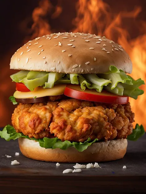 kfc chicken burger, dark background, quality photo, fried chicken, studio photo, smoke